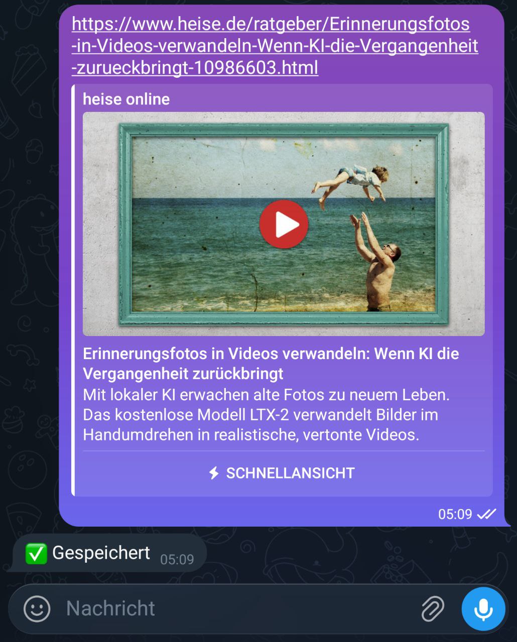Telegram chat showing a heise.de link being saved automatically by Clawdia